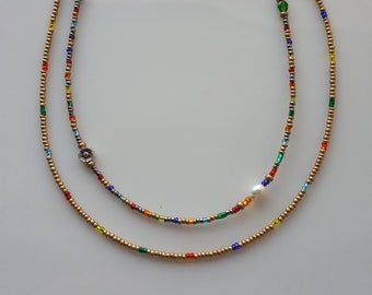 Colorful Rainbow Small Glass Minimal Beaded Necklace, Crystal Gold Glass Seed Beads Chain, Boho Dainty Bridesmaid Gifts, Gift for Her
