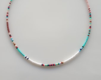 Colorful Beaded Choker: Dainty Boho Necklace with 24K Gold Plated Clasp