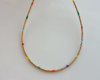 Rainbow Beaded Necklace: Gold Gem Seed Beads, Boho Crystal Jewelry