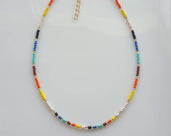 Rainbow Seed Bead Necklace, Waterproof Beaded Choker, Tiny Crystal Beads