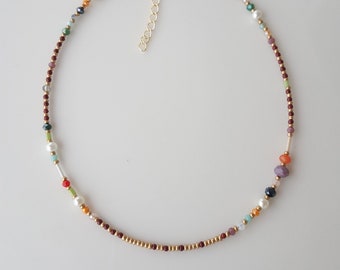 Dainty Beaded Necklace, Colorful Boho Crystal Necklace, Gift for Her