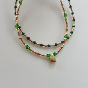 Green Choker Necklace, Emerald Gold Beaded Raw Handmade Gemstone Delicate Necklace, Boho Dainty Chain, Layering Necklace, Fall Cute Jewelry