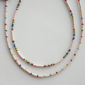Rainbow Glass Necklace, Colorful Bead Necklace, Minimalist Bead Necklace, Boho Beaded Necklace, Dainty Necklace