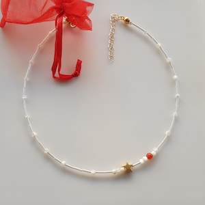 Dainty Seed Bead Necklace: White Layered Necklace with Gold Star