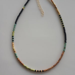 May include: A multi-coloured beaded necklace with black, brown, green and turquoise beads. The necklace is made of small, round beads and has a gold chain clasp.