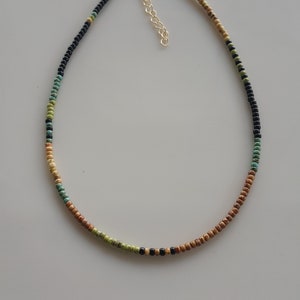 May include: A multi-coloured beaded necklace with brown, green, turquoise, and black beads. The necklace has a gold clasp.