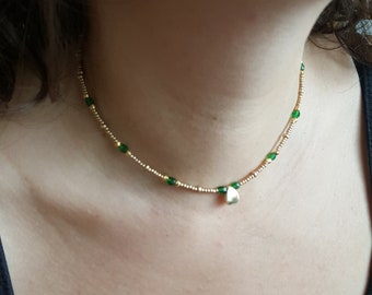 Dainty Drop Necklace, Teardrop Green Necklace, Simple Stone Choker Necklace, Minimalist Gold Plated Necklace, Emerald Green Choker for Women