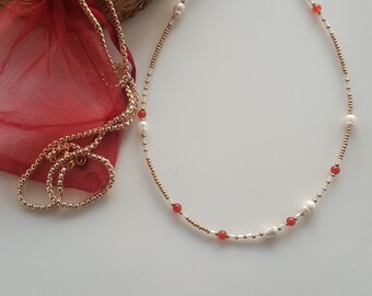 Gold Dainty Beaded Necklace, Boho Delicate Beaded Minimalist Gemstone Jewelry Tiny Short Layering Necklace Beaded Jewelry