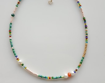 Boho Bead Necklace: Green Gemstone, Silver & Gold Plated