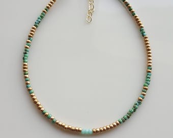Turquoise Beaded Choker: Dainty Bohemian Necklace, 24K Gold Plated
