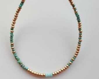 Turquoise Miyuki Beaded Necklace, Waterproof Choker, Tiny Gold Bead Jewelry