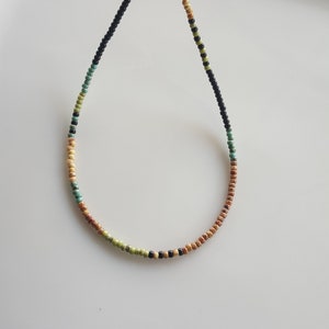 May include: A multi-coloured beaded necklace with brown, black, green and blue beads.