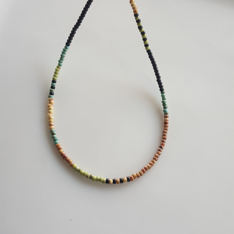 May include: A multi-coloured beaded necklace with brown, black, green and blue beads.