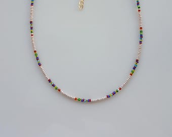 Boho Rainbow Beaded Necklace: Colorful Stone Summer Jewelry
