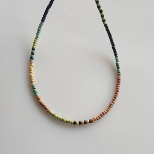 May include: A multi-coloured beaded necklace with brown, green, turquoise, and black beads.