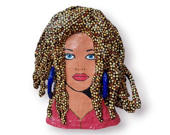 Sculpture Female Body Pop Art Bust "Woman with Dreadlocks and Earrings"