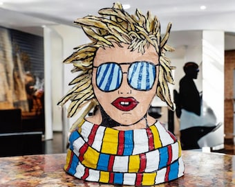 Pop Art Bust | Woman with Sunglasses and Colorful Scarf | OOAK