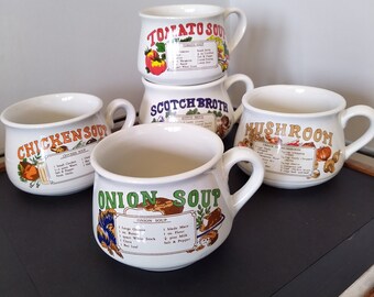 White Individual Vintage Soup Bowls Mushroom - Tomato - Chicken - Onion - Scotch Broth Oxtail / Soup Recipe Mugs With Handles