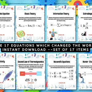 Peut inclure: Un ensemble de 17 cartes colorées présentant des équations célèbres qui ont changé le monde. Chaque carte comprend l'équation, une brève description et une petite illustration. Les cartes sont intitulées "Les 17 équations qui ont changé le monde - Téléchargement instantané - Ensemble de 17 articles".