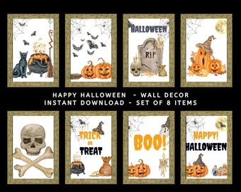 Halloween Prints Set of 8, Halloween Decor, Halloween Wall Art, Ghost Print, Skeleton Prints, Spooky Decor Halloween Bundle Printable