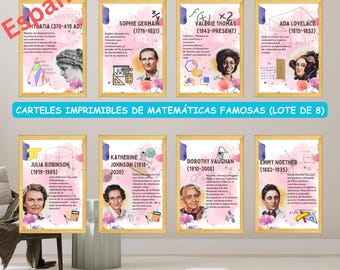 Carteles imprimibles de matemáticas famosas (lote de 8), decoración para aula de ciencias, mujeres en matemáticas