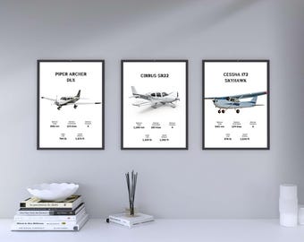 Set of 3 Aviation Poster, Cessna 172 Aircraft Poster, Piper Archer DLX Aircraft Poster, Cirrus SR22 Aviation Print