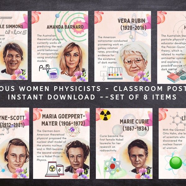 Famous Women Physicists Posters (Set of 8) Printable, Science Classroom Decor, Women in Physic, Bulletin Board Display