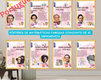 Pôsteres de matemáticas famosas (conjunto de 8) imprimíveis, decoração para sala de ciências, mulheres na matemática, mural de avisos