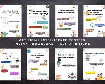 人工知能ポスター（8枚セット）印刷可能、コンピュータサイエンス教室の装飾、AI、掲示板ディスプレイ