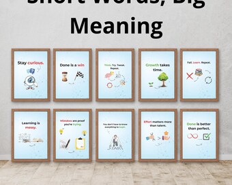 Growth Mindset Motivational Poster Set – 10 Minimalist Quotes Prints for Classroom, Office & Home Wall Decor, Educational Posters