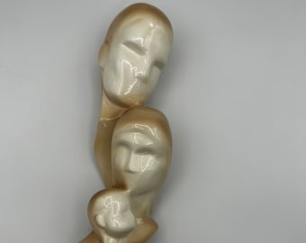 Hand crafted family statue, 80's, family of 3, new addition to family, beige
