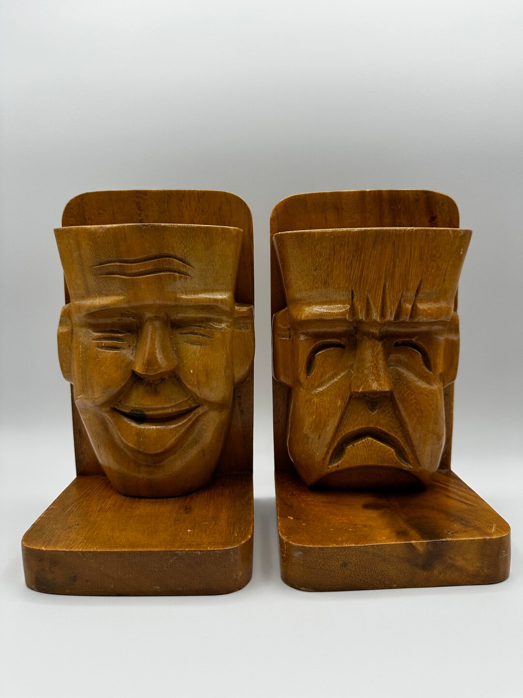 Vintage Wood Tiki Bookends With Stickers waikiki Woods Monkey Pod