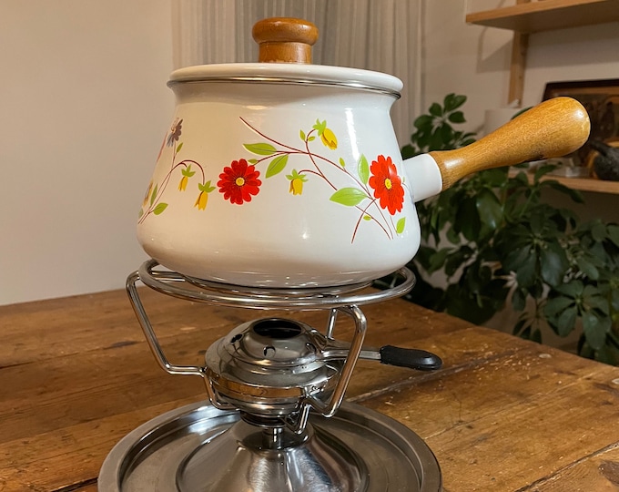 Vintage enamel fondue set, white and flowers