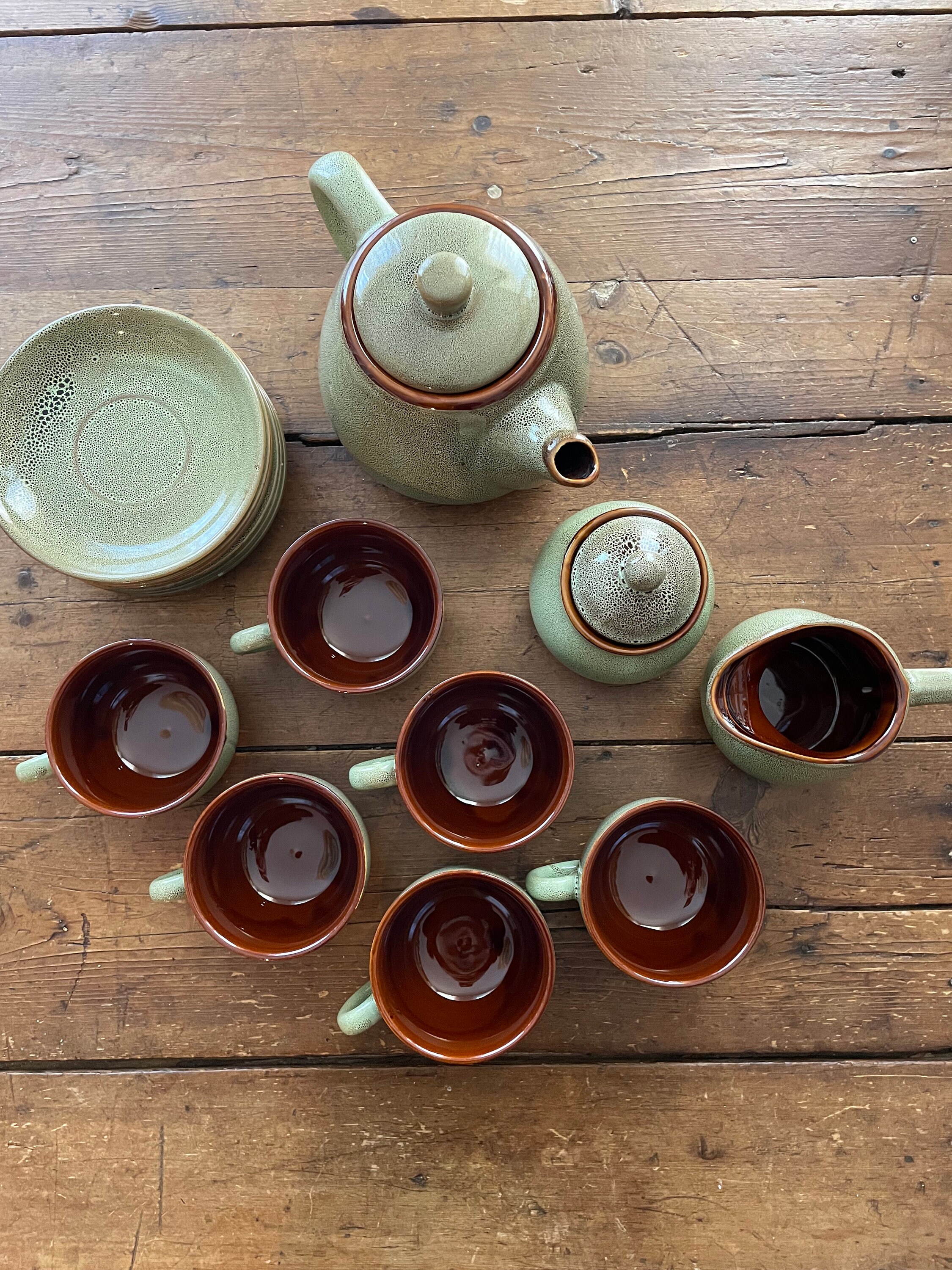 Tea Set green With Brown Interior Teapot 6 Cups & Saucers Etsy