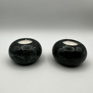 Set of 2 dark green marble/stone rounded candle holders, green candle holder, tea light candle holders