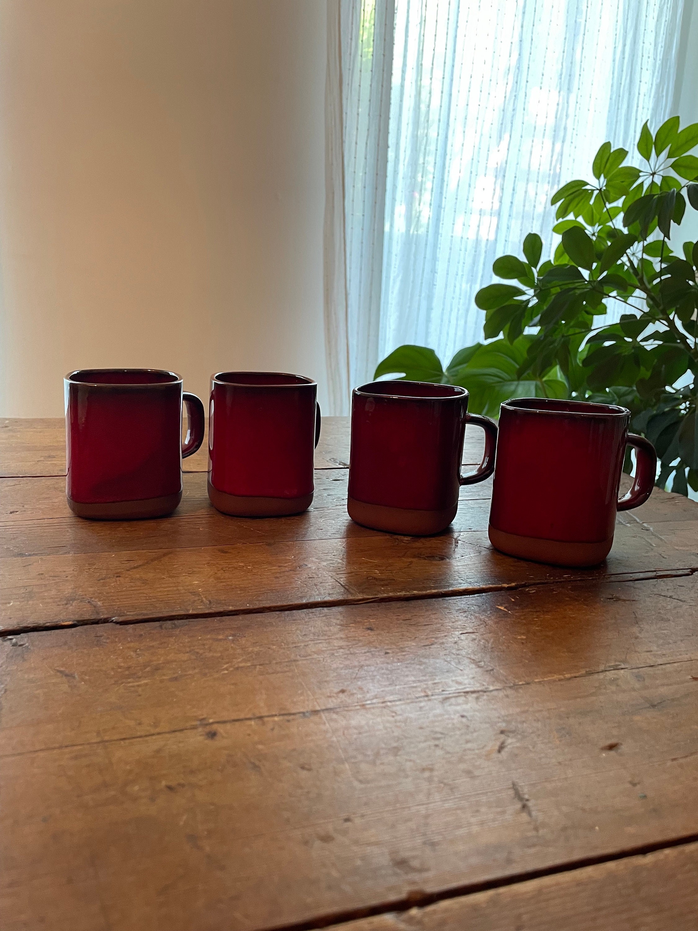 Set of 4 Red Drip Glaze Ceramic Mugs Vintage Midcentury Etsy