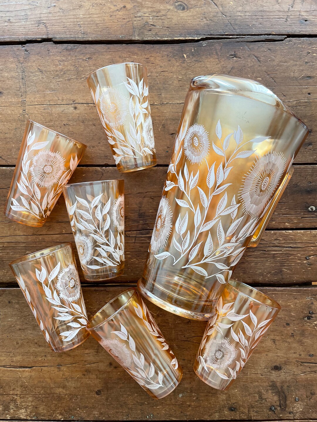 Vintage Iridescent Glass Pitcher and Glasses Cosmos