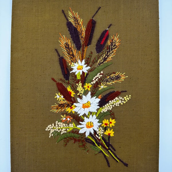 Unframed needle point embroidery flowers on fabric, fall colors, petit point, point de croix