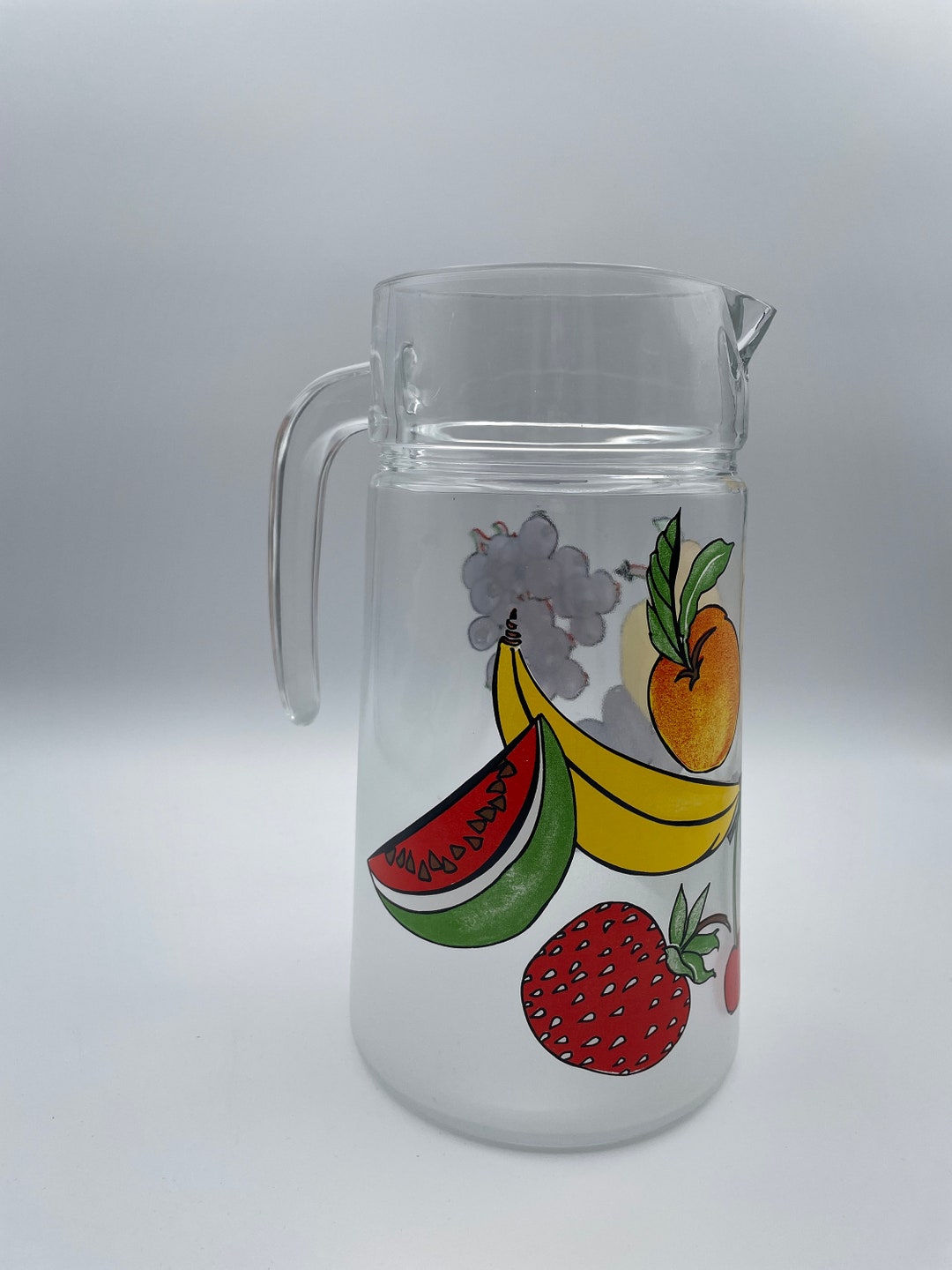 Vintage Frosted Glass Jug With Image of Fruits, Pitcher, Glass Pitcher
