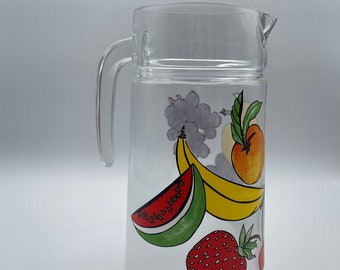 Vintage frosted glass jug with image of fruits, pitcher, glass pitcher, Made in France