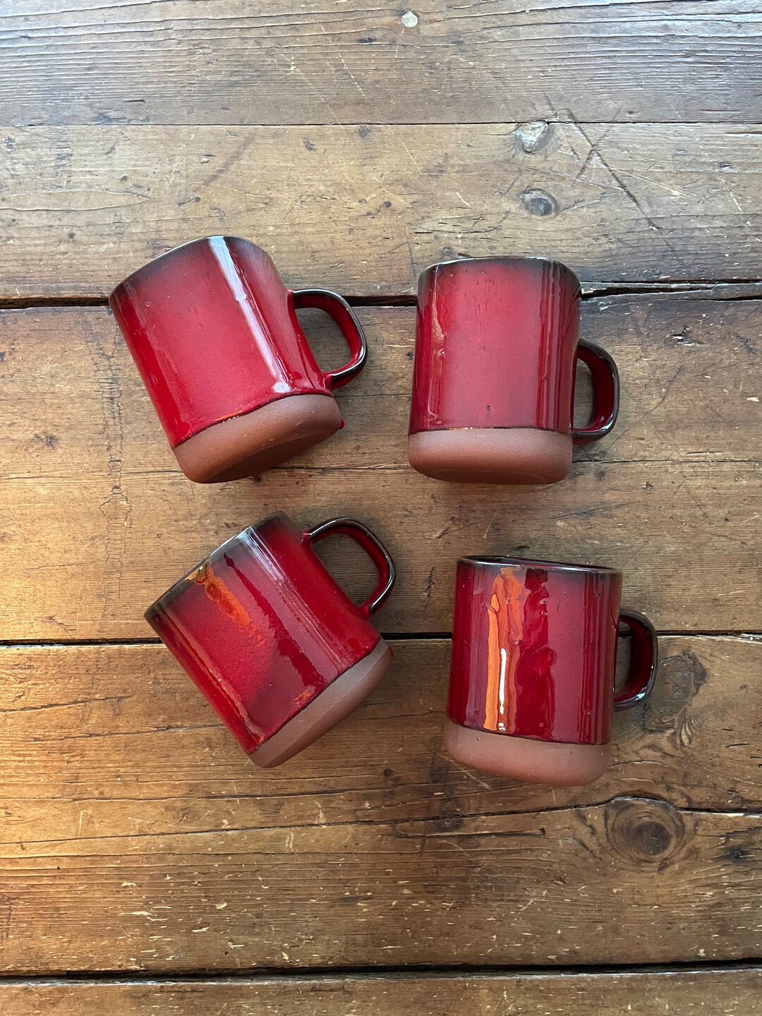 Set of 4 Red Drip Glaze Ceramic Mugs Vintage Midcentury Etsy