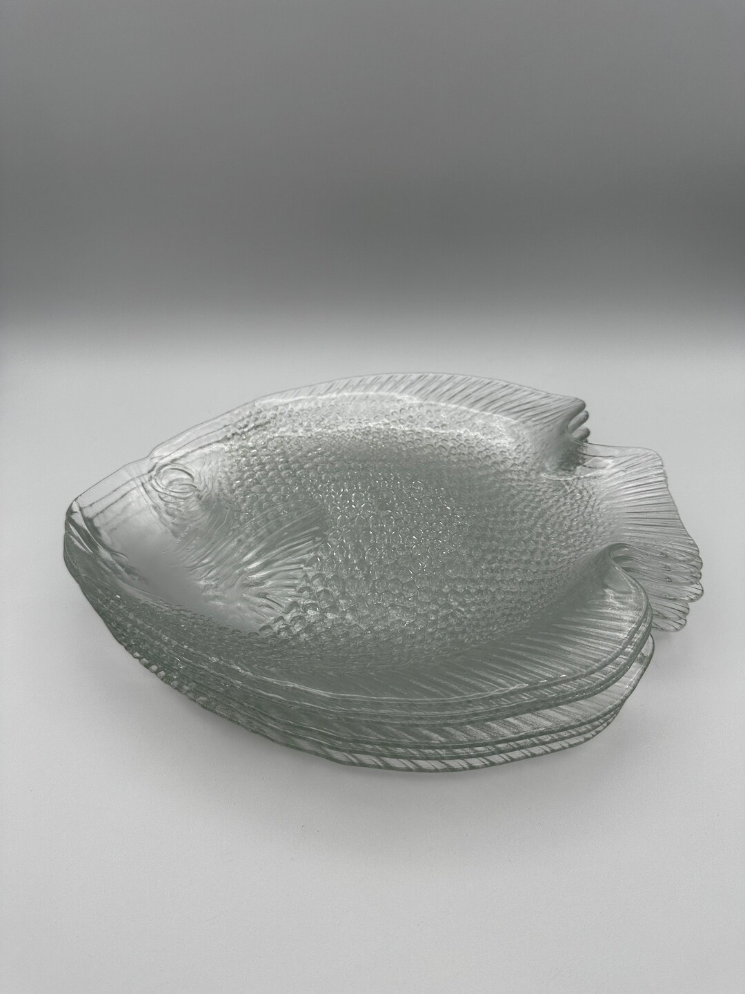 Set of 6 Vintage Arcoroc Clear Glass Fish Shaped Plates, Smooth Glass
