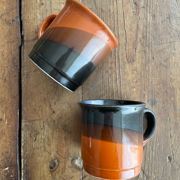 Set of 2 mid century cups mugs in shades of brown and black