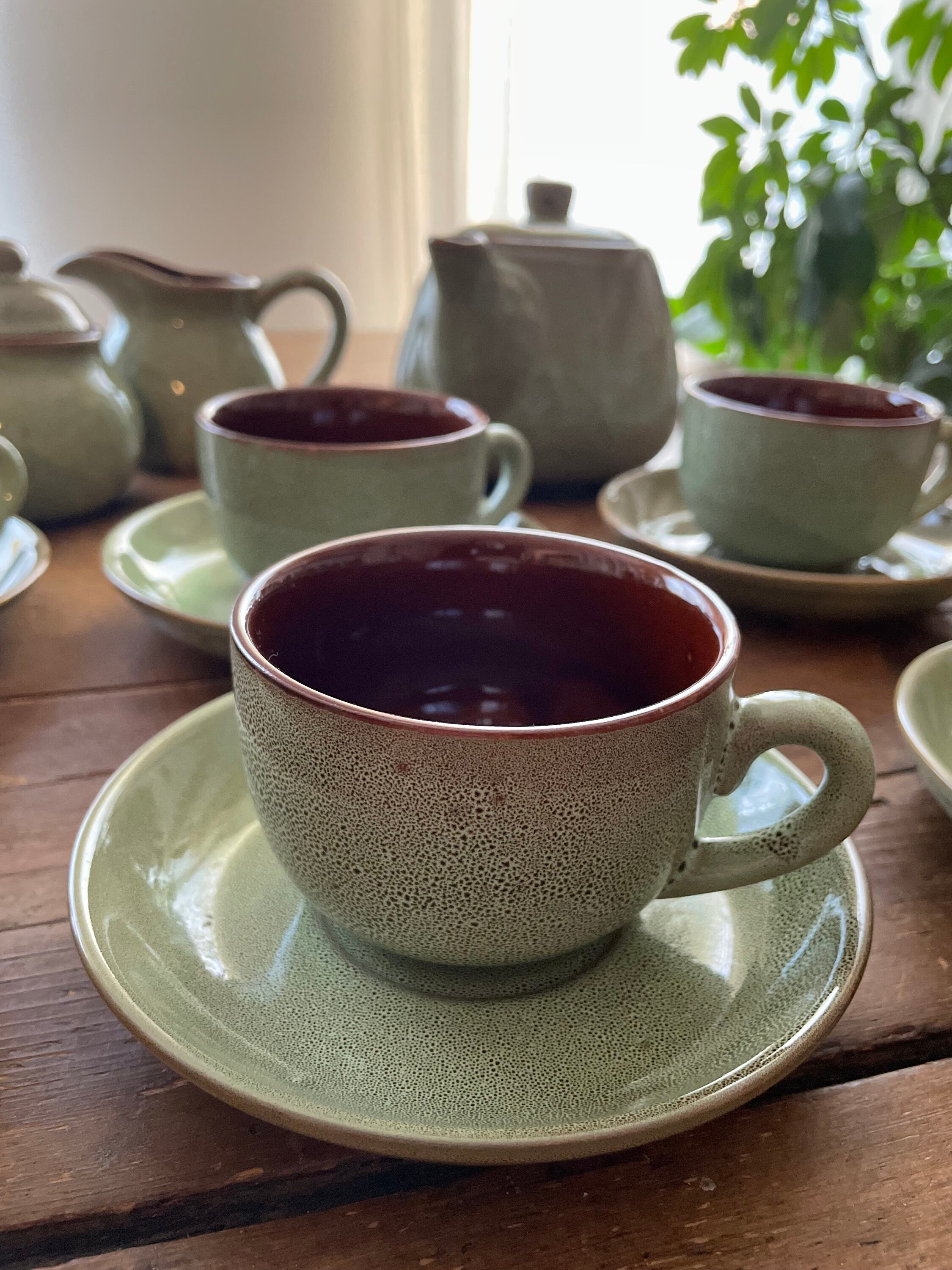 Tea Set green With Brown Interior Teapot 6 Cups & Saucers Etsy