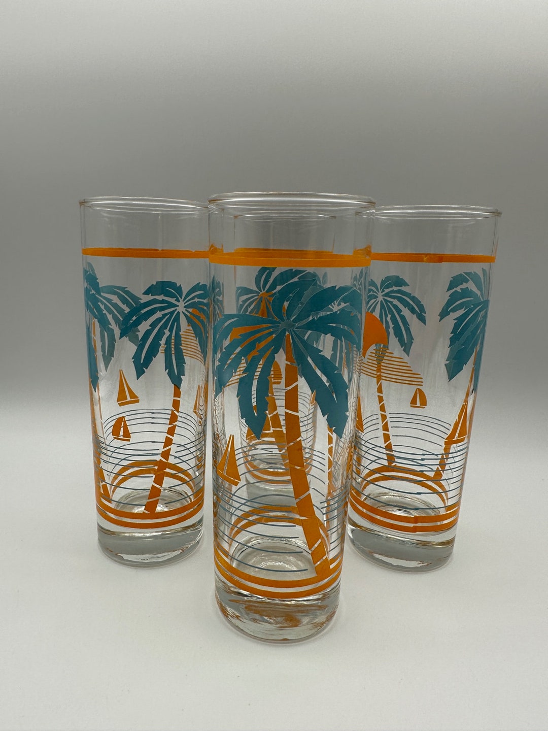 Set of 4 Vintage Palm Tree Drinking Glasses 80s Orange and Blue Etsy