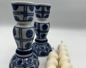 Vintage blue and white patterned ceramic candlesticks, vintage candlestick, candle stick