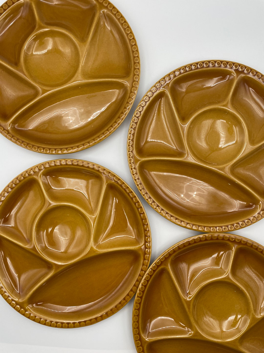 Set of 4 Mustard Ceramic Fondue Plates, Brown Fondue Plate, Mustard