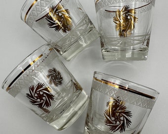 Set of 4 Dominion Glassware Gold Pinwheel /Lowball Glasses - white and gold foil, vintage bar, mcm bar, mcm glasses
