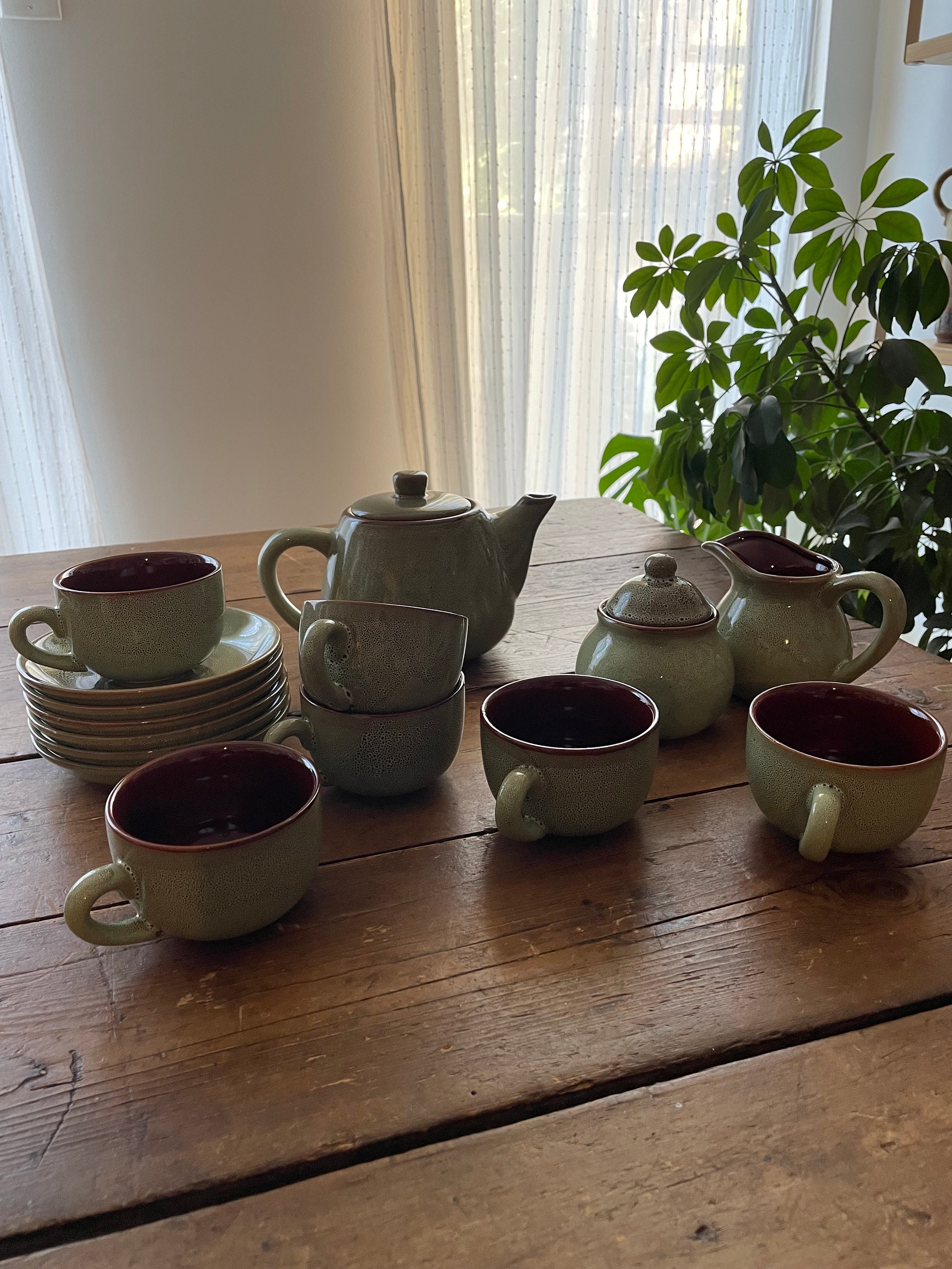 Tea Set green With Brown Interior Teapot 6 Cups & Saucers Etsy