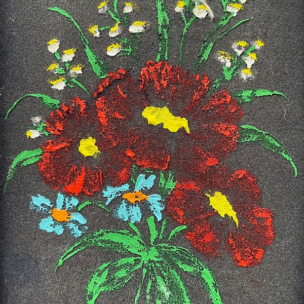 Vintage painting on velour, flower painted on black velour background in wood frame, signed Arva